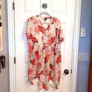 Sheer, spring, floral, high-low, button front, tunic. Torrid 2